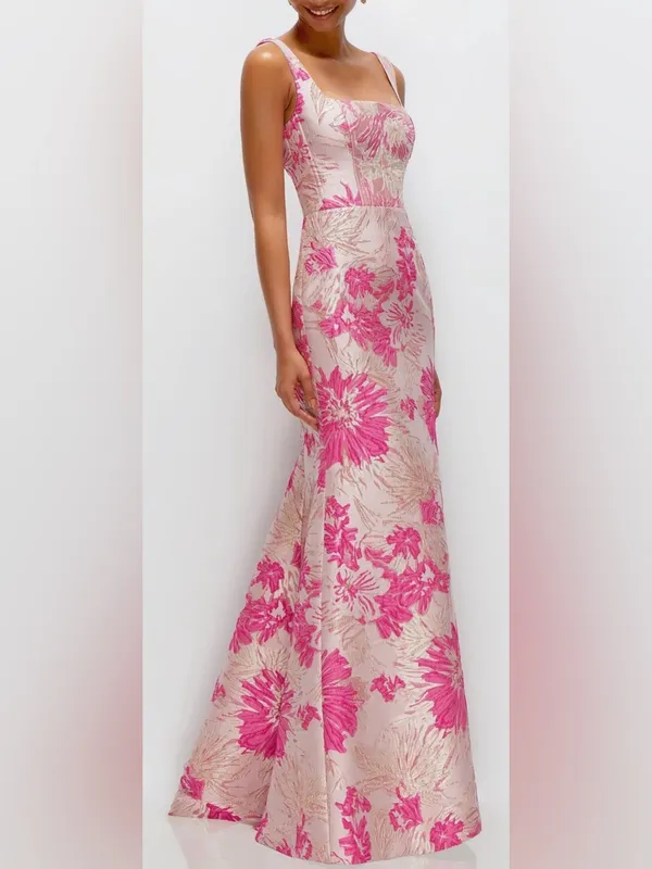 NEW Dessy Collection Hibiscus Pink Square Neck Trumpet Gown Sz 16 - Image 3