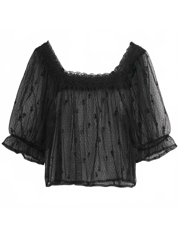 Gap Sheer Tulle Embroidered Top NWT True Black Size Medium - Image 4