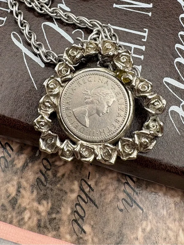 Queen Elizabeth II Sixpence Coin Rose Heart Necklace 24” - Image 2