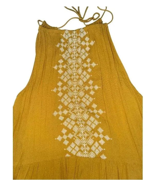 Aeropostale Yellow Embroidered Mini Dress With Tie back and Tassels // s… - Image 3