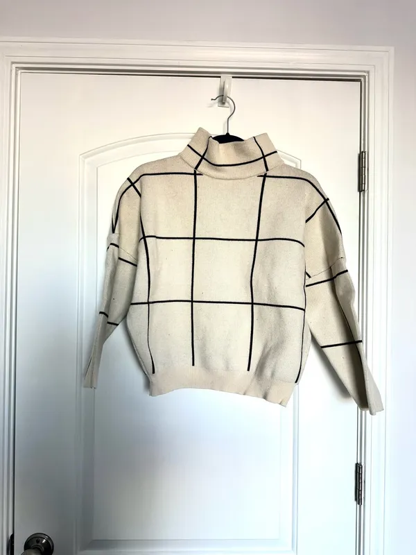 Cream Turtleneck Sweater with Black Grid Pattern White - Image 2