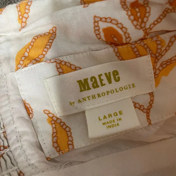Maeve Anthropologie Floral Cotton Mini Dress Orange White‎ Smocked Back Large - Image 4