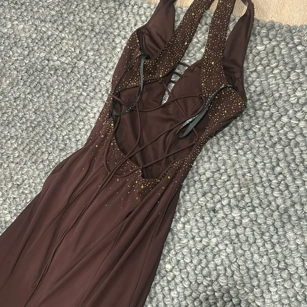 Cum Cum by Niki Livas Brown Satin Beaded Maxi Party Dress - Image 7