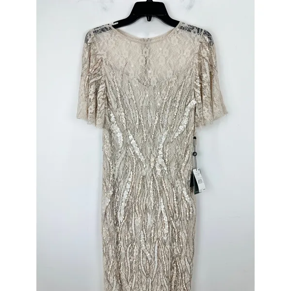 Adrianna Papell Beaded Flutter Sleeve Gown Long Biscotti Beige Formal US 4 NWT - Image 6