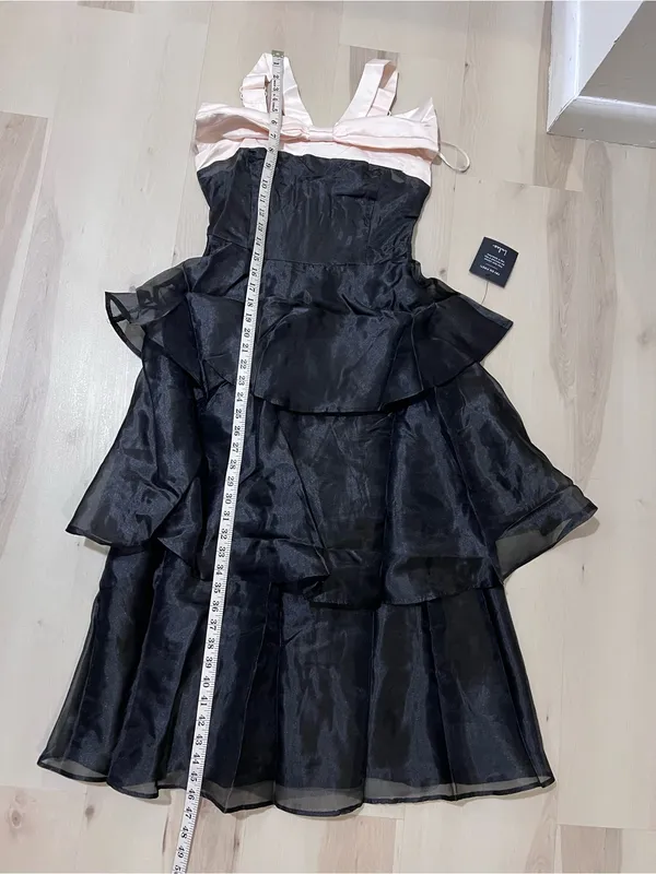 Lulus NWT Women Small Black Cream Satin Ruffle Tiered Midi Dress Balletcore Chic - Image 11