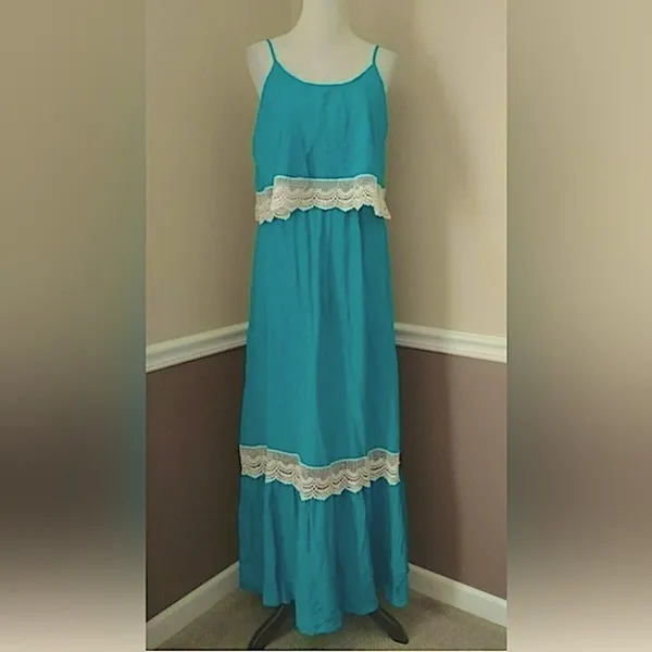 Maxi Dress Turquoise Teal White Crochet Lace Boho Modcloth Bo Bel Southern Belle - Image 2