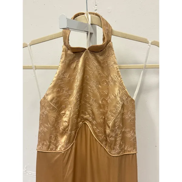 Vintage Jessica McClintock Gunne Sax Gold Satin Halter Maxi Dress Embroidered - Image 3