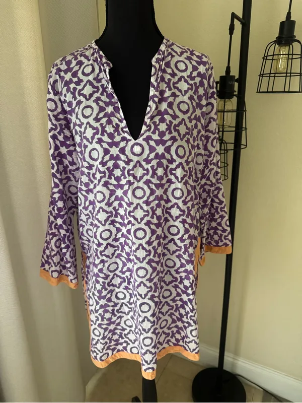 Roberta Roller Rabbit Purple Print Cotton Tunic Dress Cover Up Size Small - Image 2