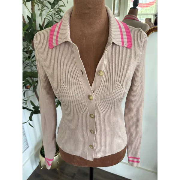 Maeve Anthropologie Ribbed Sweater Cardigan Tan Pink Stripe Collar XS LS - Image 2