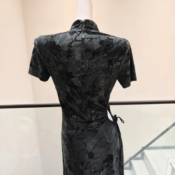Women Long Cheongsam Dress Floral Flocking Print - Image 4