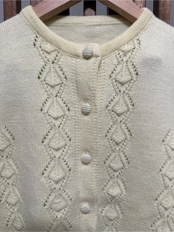 Vintage Handmade Butter Yellow Diamond Pointelle Cardigan Sweater Scalloped Hem - Image 2