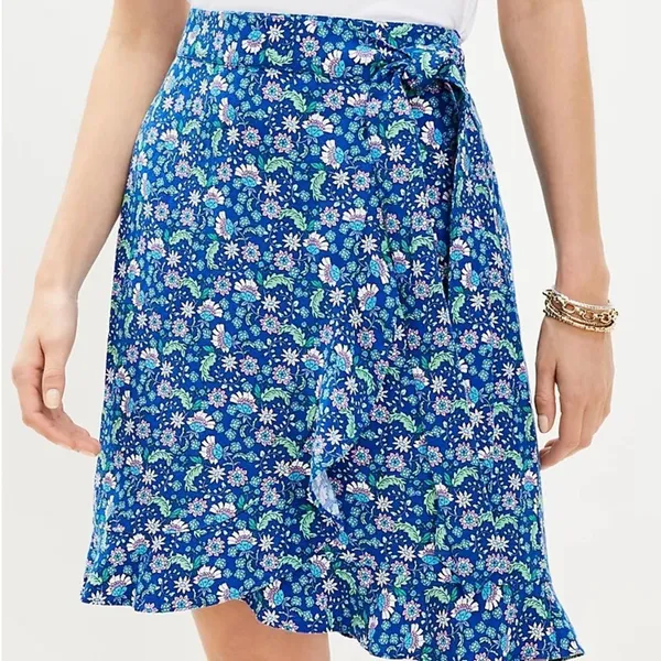 Loft Ann Taylor‎ Floral Ruffle Linen Blend Wrap Skirt Blue Calico Back Zip Sz 14 - Image 2