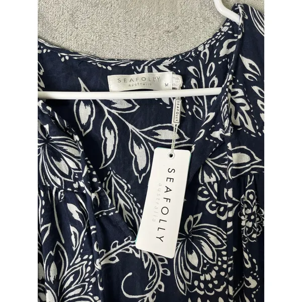 Seafolly Folklore Midi Dress True Navy Boho Coastal Resort Flowy Sundress MD New - Image 2