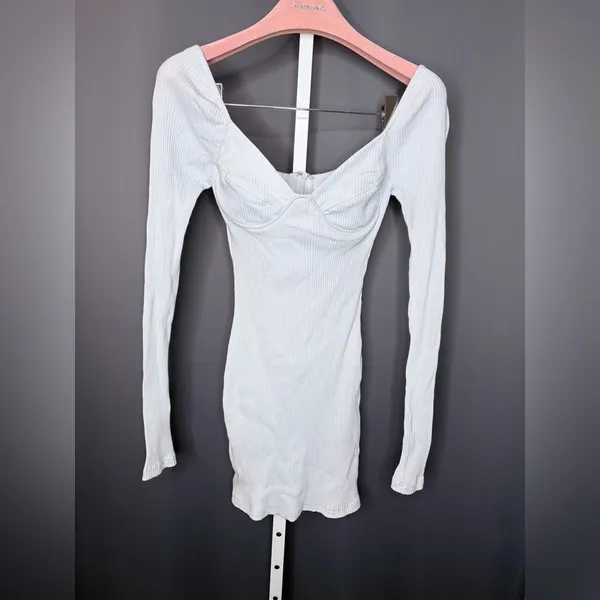 Sabo Off-White Ribbed Bodycon Long Sleeve Mini Dress Built-In Bra Size XS - Image 10