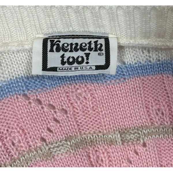 Keneth too! Vtg 80s‎ Knit Top Pastel Striped Pointelle Retro Grandma Cottage S - Image 5