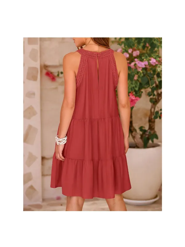 Sleeveless Crochet Yoke Tiered Dress in Rust - Image 5