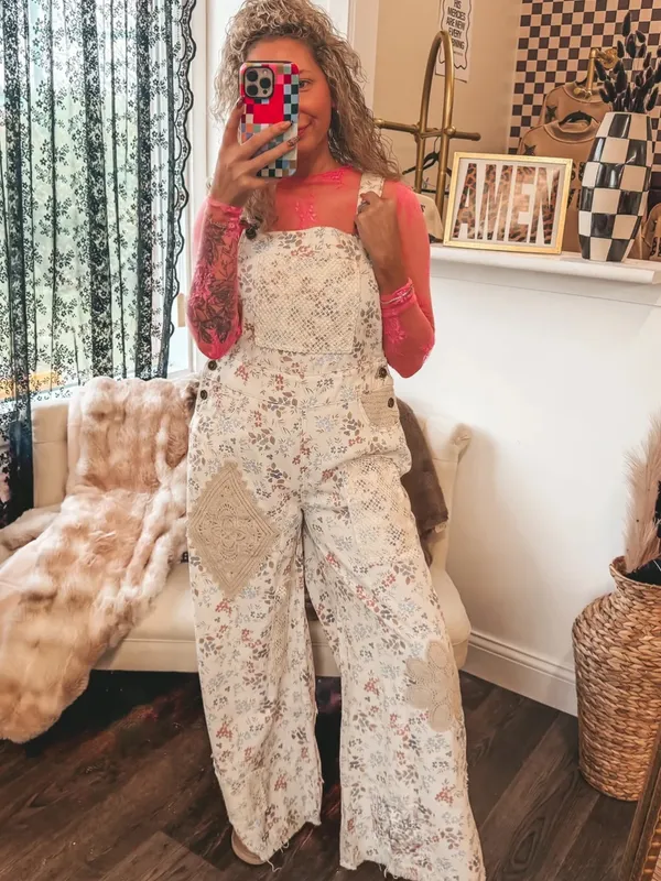 NWT POL Touch of Flowers Crochet Patch Overalls, Cream Floral Patchwork - Image 5