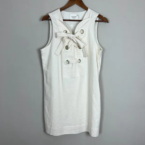 Hyacinth House Tuckernuck‎ Mini Dress Womens Medium Ivory Linen Cotton Lace Up M - Image 13