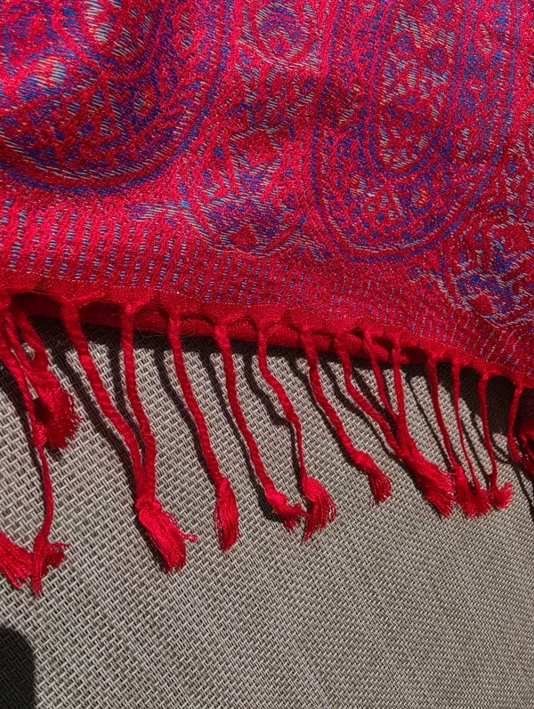 100% Pashmina Red Paisley Shawl Wrap Scarf Soft Woven Fringe | Oversized 68x28" - Image 3