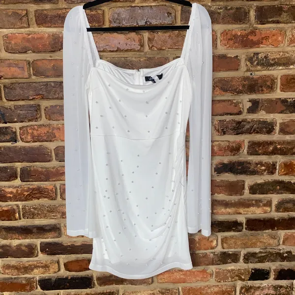 NWOT Lulus Flirty Luxury Ivory Mesh Pearl Long Sleeve Mini Dress Size Large - Image 3