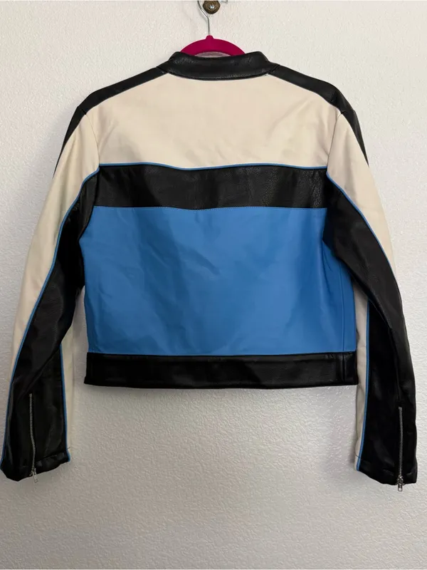 Princess Polly Aero Speed Racing Faux Leather Jacket in Blue White Black 6 - Image 4