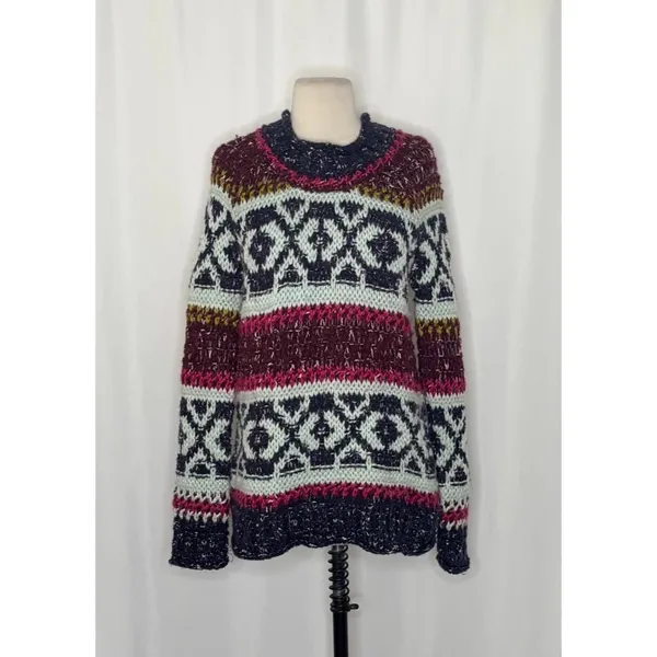 FREE PEOPLE Silver Reed Chunky Knit Fairisle Fair Isle Sweater Wool Linen Small - Image 2