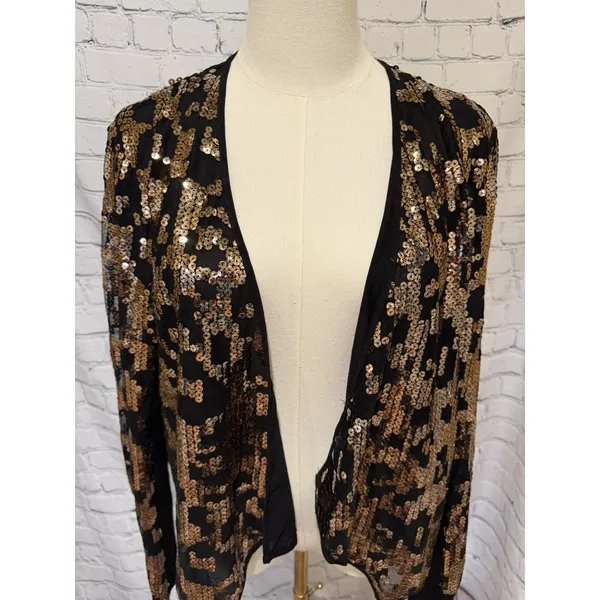 GUESS gold sequin black Open Leopard Print cardigan Size XL - Image 2