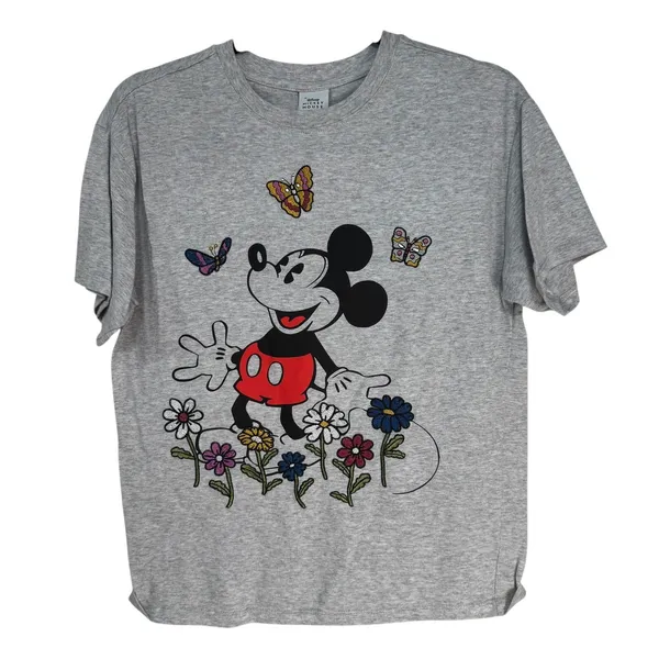 Disney Mickey Mouse Graphic Tee Grey Embroidered‎ Flowers Butterflies Women's XS - Image 2