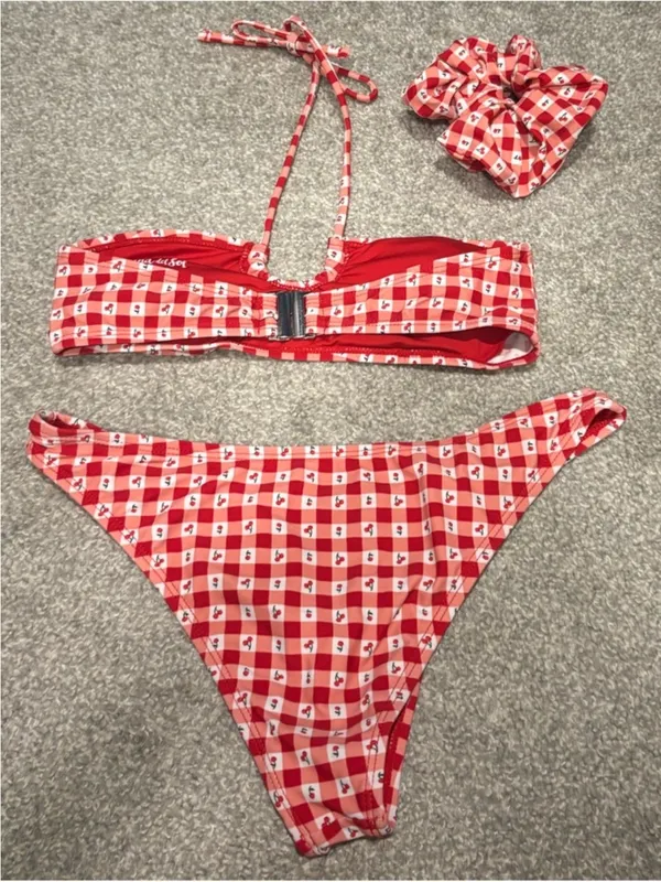 Cabana del Sol Red Cherry Gingham Two-Piecec Bikini Set with Scrunchie - Image 2