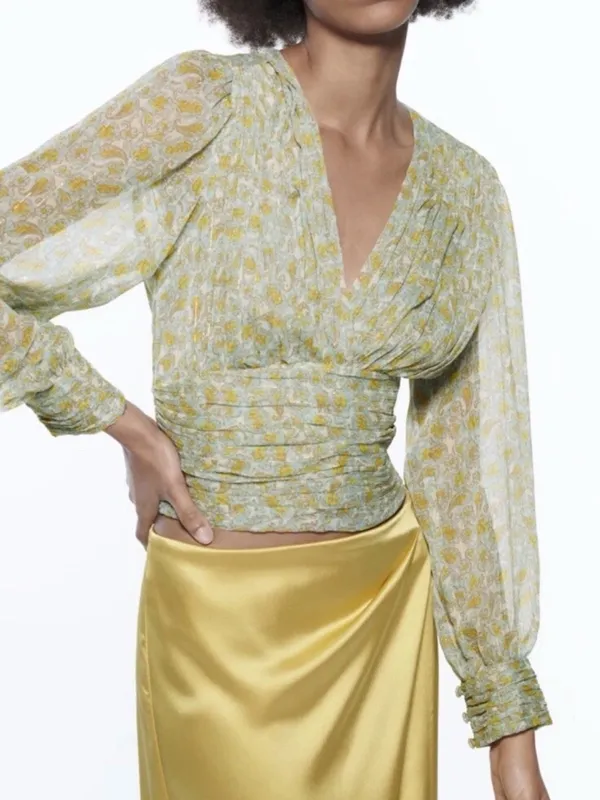 Zara Yellow & Blue Paisley Long Sleeve Top - Image 4
