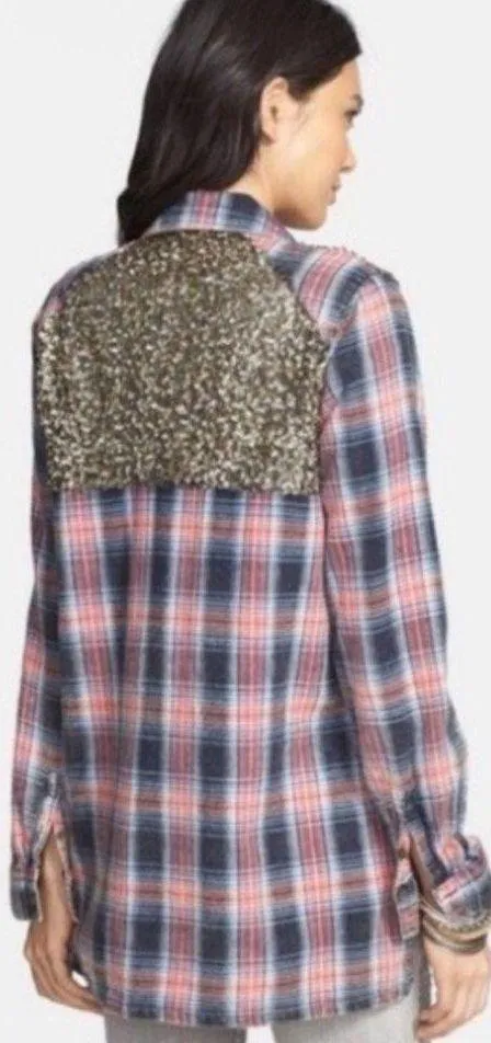 Little Bit of Sugar Red Plaid Sequin Tunic Flannel Shirt - Image 2