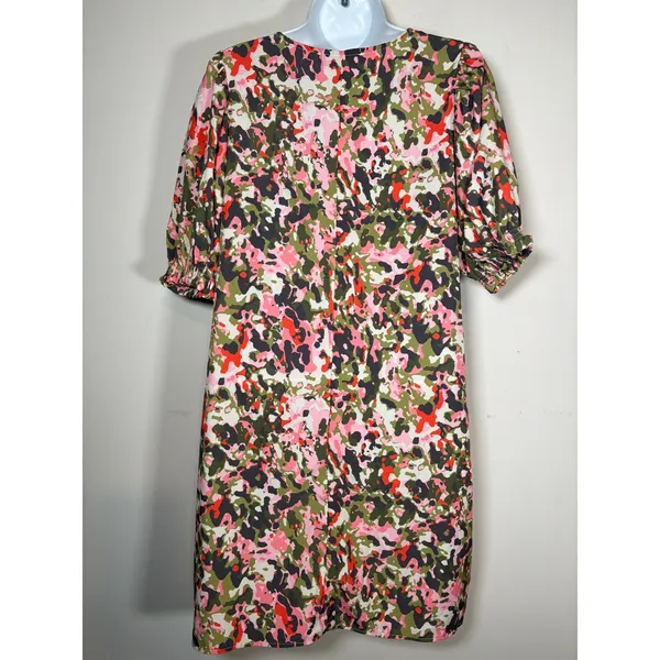 Michelle McDowell Shift Dress Pink Green Garden Party Puff Sleeve V-Neck Small - Image 4
