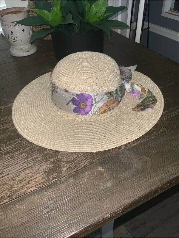 Adrienne Vittadini Beige Straw Sun Hat with Sparkly Floral Scarf - Image 3