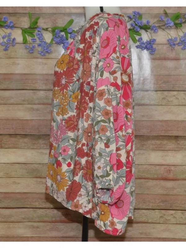 Entro Floral Blouse Womens Large 100% Rayon Boho Peasant V Neck Retro Mums - Image 7