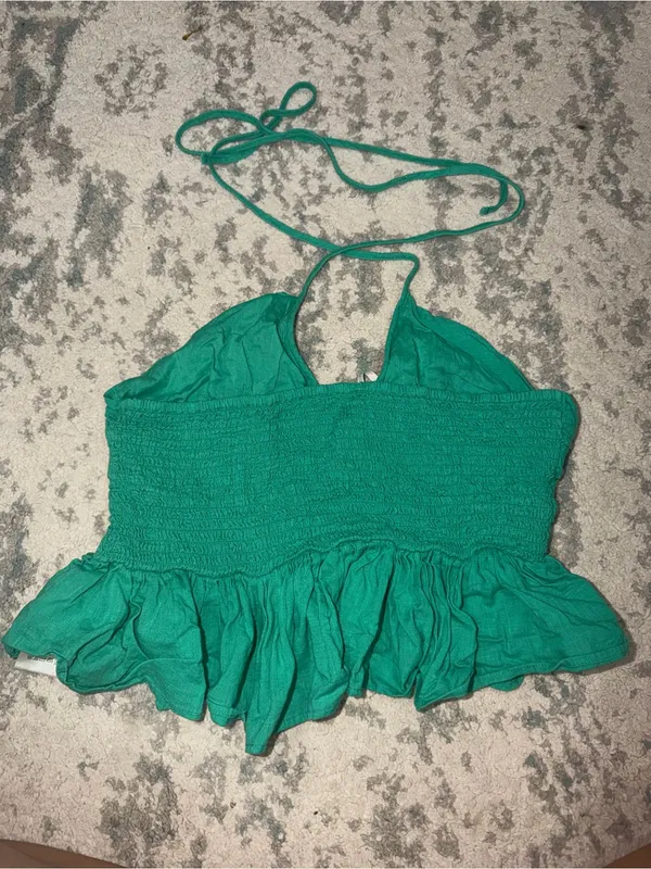 Free People Green Ruched Halter Crop Top Boho 100% Cotton Size Small - Image 3