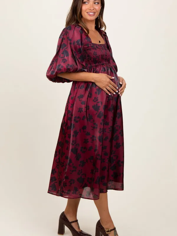 Heart of Mine Burgundy Floral Midi Dress with Puff Sleeves - Image 5