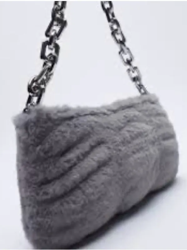 Zara Grey Faux Fur Shoulder Bag with Silver Chain - Image 5