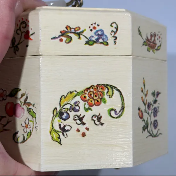 Vintage Floral Wood Octagonal Box Purse Cottagecore Fairy Coquette Birds Animals - Image 9