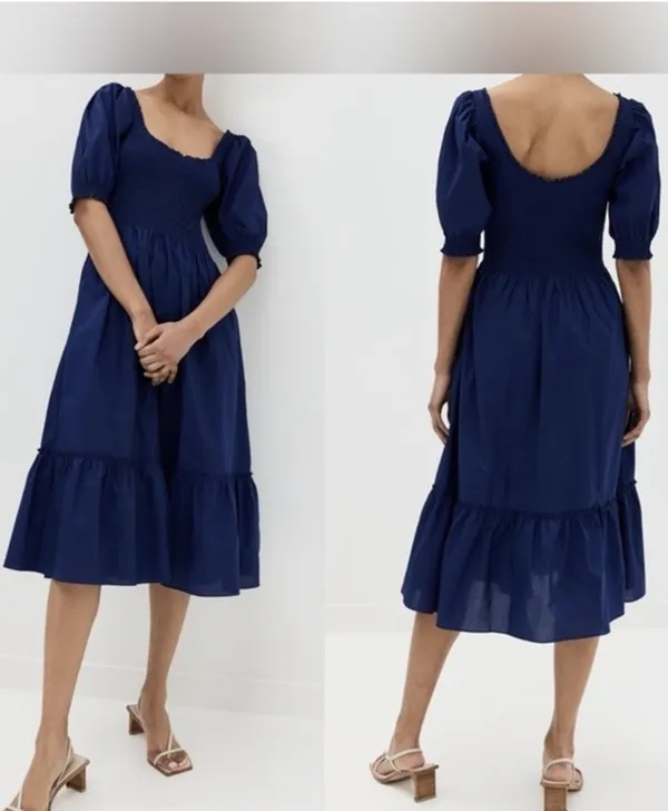 Hill House Nap Dress Navy Blue Smocked Short Puff Sleeve XXS EUC - Image 2