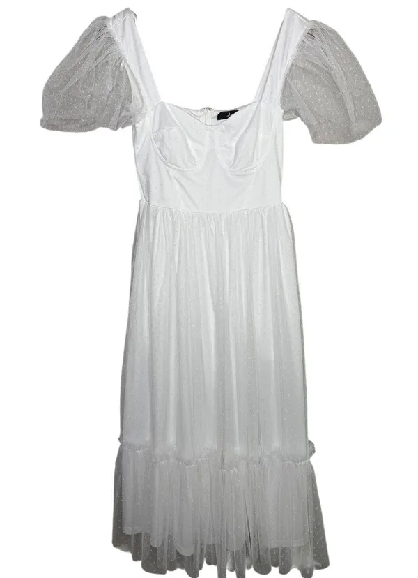 NWT Lulus Dreamy Celebration Sheer Tulle Bustier Swiss Dot Midi Dress S White - Image 13