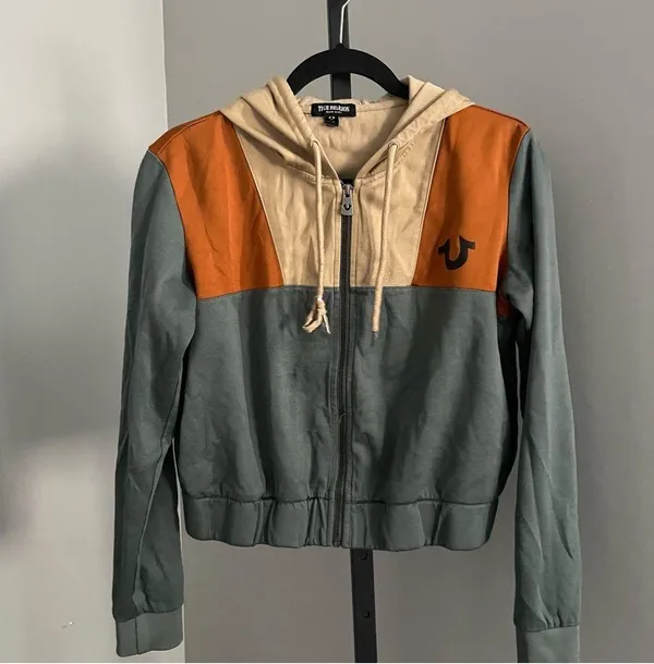 True Religion Color Block Cropped Zip Up Hoodie Size Large - Image 2