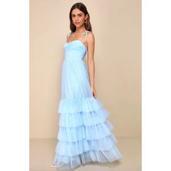 Lulus Endlessly Darling Light Blue Mesh Tiered Tie-Strap Maxi Dress Large NWT - Image 2
