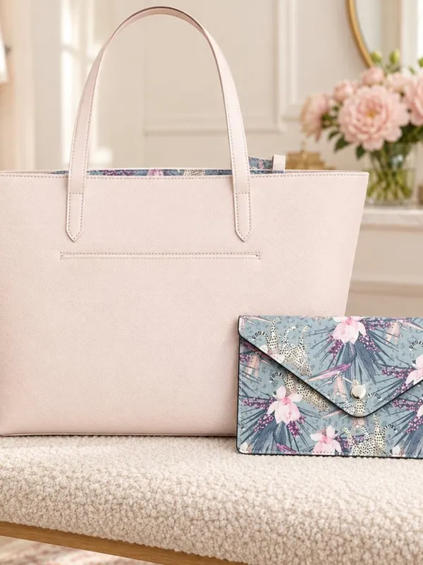 Betsey Johnson Very Light Pink Tote Bag Gray Floral Pouch NWT - Image 4