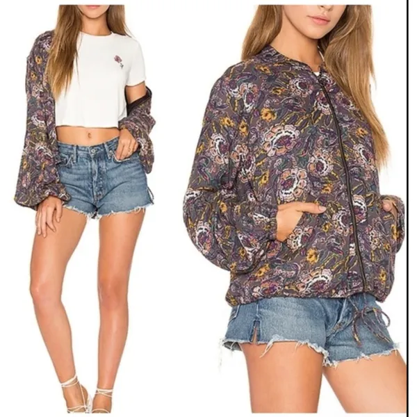 Free People Floral Bomber Jacket Balloon Sleeves Zip Front Boho Size Small - Image 4