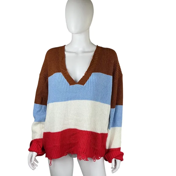 POL Striped V Neck Distressed Sweater‎ Size L Brown Blue White Red - Image 3