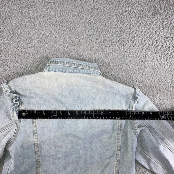 Ruffle Shoulder Denim Jacket Women S Light Wash‎ Raw Hem Cropped Western Spring - Image 12