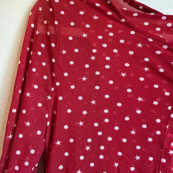 Free People Twosie for One Cardigan Med Red White Polka Dot Stars Semi Sheer - Image 3