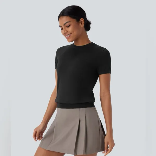 Halara Round Neck Short Sleeve Linen-Feel Sweater – Size Medium – NWT - Image 3