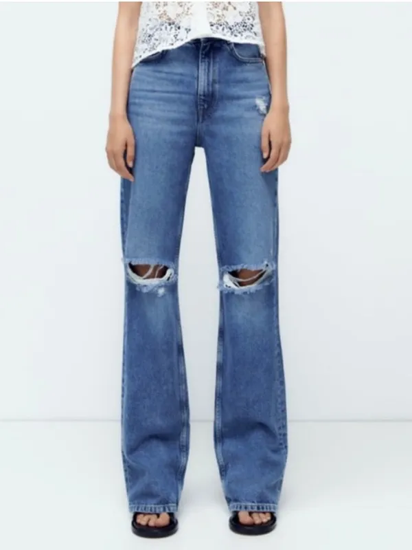 Zara Ripped Knee Straight Leg Long Jeans - Image 4