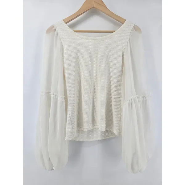 Anthropologie Blouse Womens Medium Ivory Smocked Sheer Balloon Sleeve Ruffle Top - Image 3